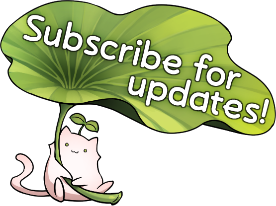 cute kodama subscribe image with leaf holding a sign